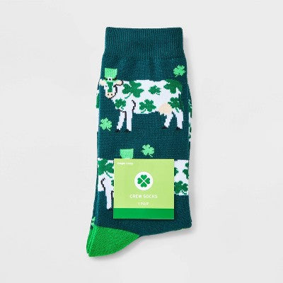 Women's Lucky Cow St. Patrick's Day Crew Socks - Green 4-10: Recycled Polyester Blend, Animal Pattern, Banded Cuff, Knit Fabric