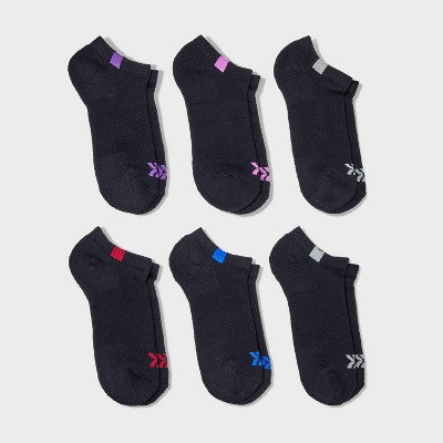 Women's 6pk Structure No Show Socks - All In Motion Black 4-10: Midweight Knit, Arch Support, Reinforced Heel & Toe