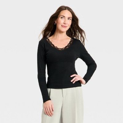 Women's Lace Trim V-Neck Ribbed Top - A New Day Black L
