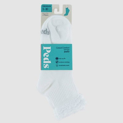 Peds Women's Ruffle Top 2pk Quarter Socks - White 5-10: Moisture Wicking, Breathable Mesh, Smooth Toe Seams, Knit Fabric
