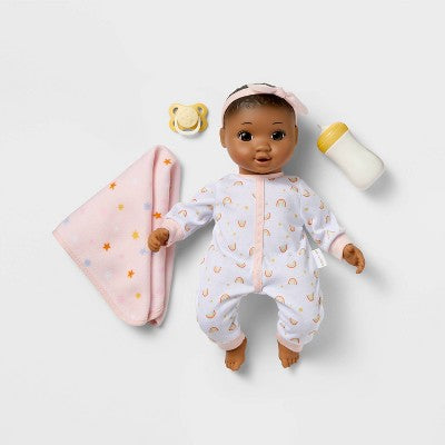 14" Nurturing Baby Doll - Dark Brown Hair + Brown Eyes - Gigglescape: Includes Pacifier, Blanket, Headband, Bottle