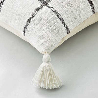 24"x24" Woven Slub Checkered Throw Pillow with Tassels Cream/Gray - Hearth & Hand with Magnolia (LOCAL PICKUP ONLY)