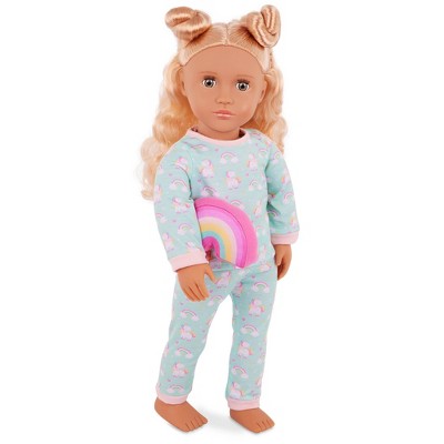 Our Generation Gillian 18" Doll with Pink Dress & Rainbow Pajama Outfit: Fashion, Hair Blonde, Hazel Eyes, Wavy Hair