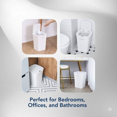 Nine Stars 10L/2.6gal Motion Sensor & Water Resistant Trash Can White: Bathroom Trash Can with Lid, Smell Resistant