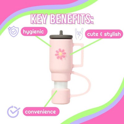 CharCharms 4pk Tumbler Straw Topper: Pink PVC Straw Covers & Tumbler Accessories, Dishwasher-Safe, Hot/Cold Beverages