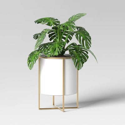 2pc Iron Indoor Outdoor Planter Pot with Stand White/Brass 13.2"x13.2"x16" - Threshold