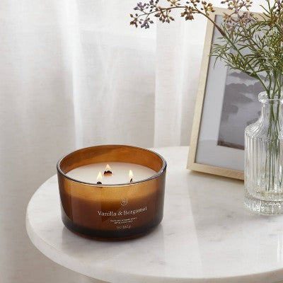 3-Wick Amber Glass Wooden Wick Vanilla and Bergamot Jar Candle 13oz - Threshold