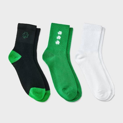 Women's Sparkly Shamrock Ribbed St. Patrick's Day 3pk Mid Crew Socks - Black/White/Green 4-10