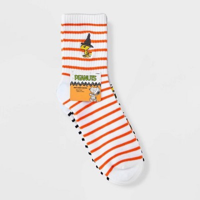 Women's Peanuts Embroidered Halloween 3pk Mid Crews Socks - White/Orange/Black