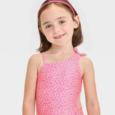 Toddler Girls' Leopard Spot Printed Cut Out Swimsuit With Bow 5T