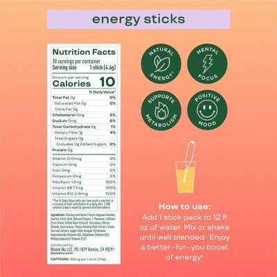 BLOOM NUTRITION Energy Stick Packs - Peach Mango - 10pk: Caffeinated