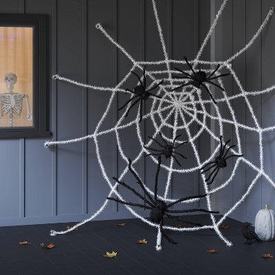 6pc Plush Spiders and Spider Web Glows under Blacklight Solutions in a Box Halloween Decorative Prop - Hyde and EEK! Boutique