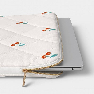15" Laptop Sleeve - heyday White Quilted with Embroidered Cherries