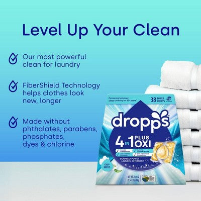 Dropps Crisp Breeze 4-in-1 Plus Oxi Power Biobased HE Deep Cleaning Concentrated Laundry Detergent Pods 38 Pacs - 21.44oz
