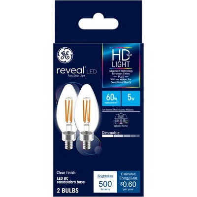 GE 2pk 60W Reveal HD+ LED BC Decorative Light Bulbs: Candelabra E12 Base, Dimmable, 500 Lumens, 2700K, 13.7-Year Life