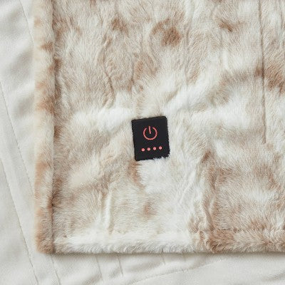 Brookstone Heated Oversized Marble Faux Fur Throw Tan