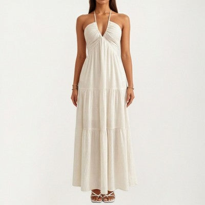 Anna-Kaci Women's Halter Tiered Maxi Dress A Line - Small - White