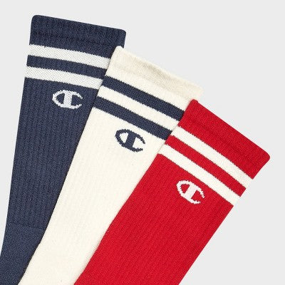 Champion Authentic Originals Men's 3pk Varsity Cushion Crew Socks - Red/Cream/Blue 6-12