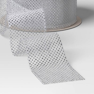9' Christmas Festive Frost Premium Ribbon Silver Glitter Dot - Wondershop