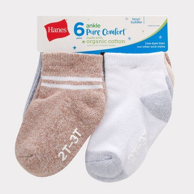 Hanes Baby Boys' 6pk PURE Comfort with Organic Cotton Solid Ankle Socks - White/Gray 6-12M: Knit, Breathable