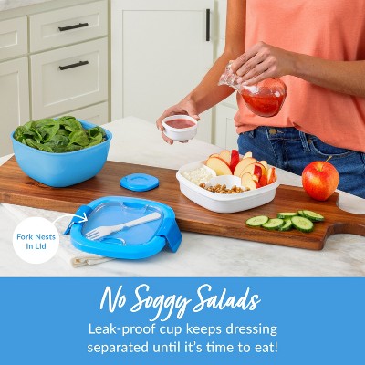 Bentgo Salad Stackable Lunch Container with Large 54oz Bowl, 4-Compartment Tray & Built-In Fork - Blue