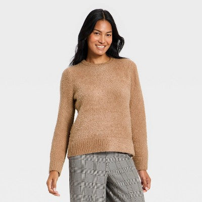 Women's Fuzzy Pullover Sweater - A New Day Brown M