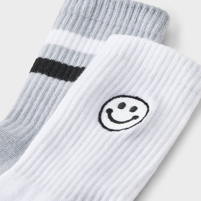 Kids' 2pk 'Smiley' Mid Crew Socks - art class L: Polyester Spandex Knit, Tagless, Figures Pattern