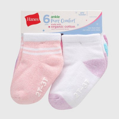 Hanes Toddler Girls' 6pk PURE Comfort with Organic Cotton Solid Athletic Socks - Purple/Pink/Gray 4T-5T