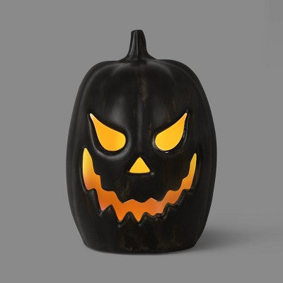 11.5" Lit Pumpkin Jack O' Lantern Halloween Prop with Timer/Terracotta Like Black Antique Wash Finish- Hyde and EEK! Boutique