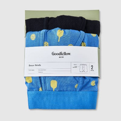 Men's Pickleball Print Boxer Briefs 2pk - Goodfellow & Co Blue M: Cotton Spandex Blend, Mid Rise, Pull-On Waistband