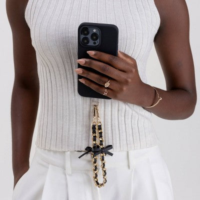 Hello Lux Phone Wristlet - Golden Chain with Black Faux Leather Bows