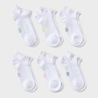 Girls' 6pk Ruffle No Show Socks - All in Motion White L