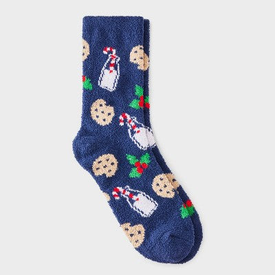 Women's Santa's Milk & Cookies Christmas Cozy Crew Socks - Wondershop Navy 4-10