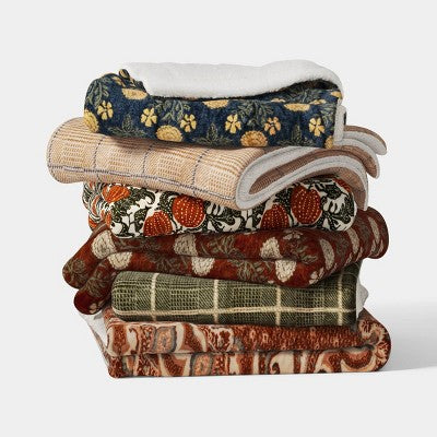 Pumpkin Printed Plush T Throw Blanket with Faux Shearling Reverse Khaki/Orange/Green -Threshold