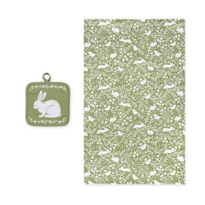 Potholder and Dishtowel Set White Pattern and Bunny - Bullseye's Playground