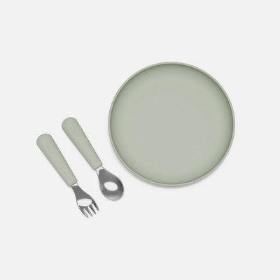 Lalo 3pc Silicone Toddler Plate + Utensils Mealtime Set - Sage: Non-Toxic, BPA-Free, Reusable
