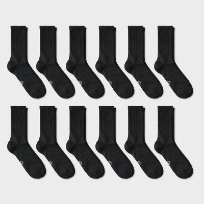 Men's New 12pk Value Crew Socks - All In Motion Black 6-12
