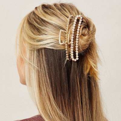 scunci Large Pearl Embellished Open Rectangle Claw Clip - Gold - All Hair - 11cm