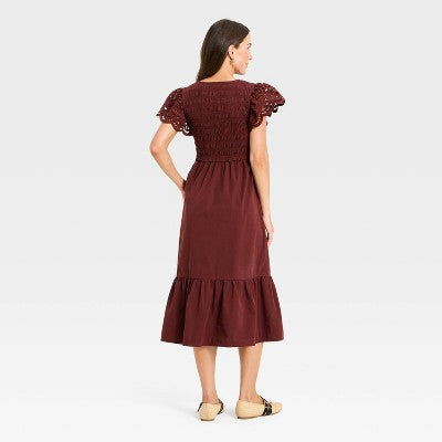 Women's Flutter Short Sleeve Smocked Midi A-Line Dress S