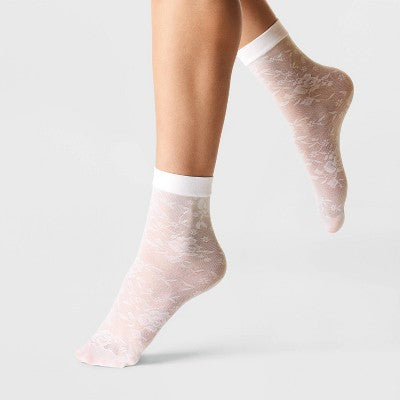 Women's Rose Floral Mesh Sheer 2pk Anklet Socks - A New Day Black/White 4-10: Lightweight Knit, Botanical Pattern