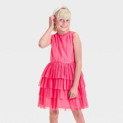 Zenzi Girls' Sleeveless Tiered Ruffle Skirt Dress - Melon Pink S