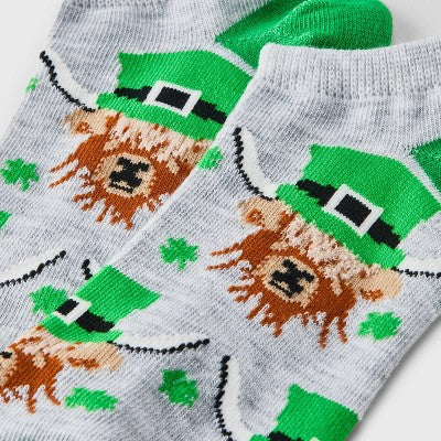 Women's Lucky Highland Cow St. Patrick's Day Low Cut Socks - Heather Gray/Green 4-10
