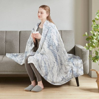 Beautyrest Marselle 50"x70" Oversized Faux Fur Electric Heated Throw Blanket Gray/Blue: Oversized, Machine Washable