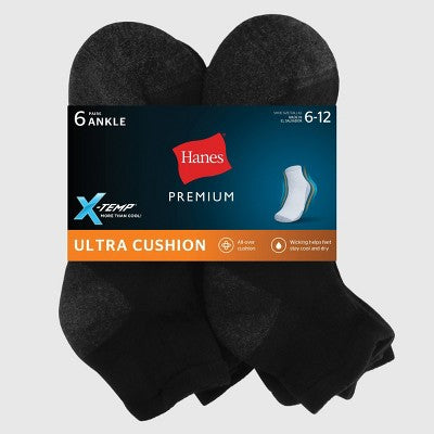 Hanes Premium Men's Xtemp Ultra Cushion 6pk Ankle Socks - Black 6-12: Breathable, Cushioned Sole, Reinforced Heel & Toe
