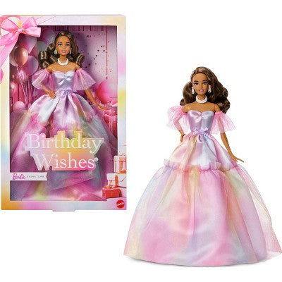 Barbie Signature Birthday Wishes Fashion Doll with Brunette Hair in Dress with Pastel Rainbow Effect
