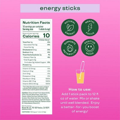 Bloom Nutrition Energy Sticks Raspberry Lemon Flavored Water Drink Mixes - 10pk