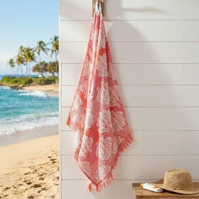 36"x72" Sculpted Shells Oversized Beach Towel with Fringe Pink