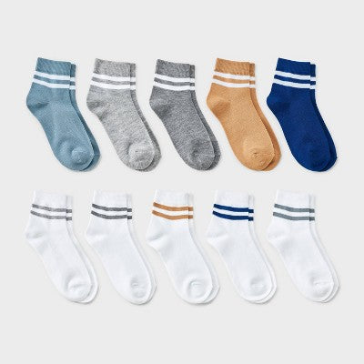 Boys' 10pk Varsity Striped Ankle Socks - Cat & Jack Gray/Blue/White L
