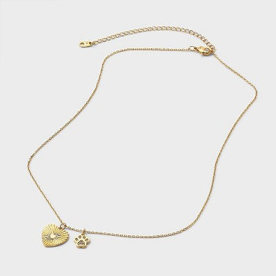 14k Gold Dipped Cubic Zirconia Heart and Paw Necklace with Paw Charm 2pc Set - A New Day Gold