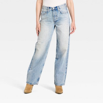 Women's Mid-Rise 90's Baggy Rhinestone Jeans Light Wash 4 (LOCAL PICKUP ONLY)